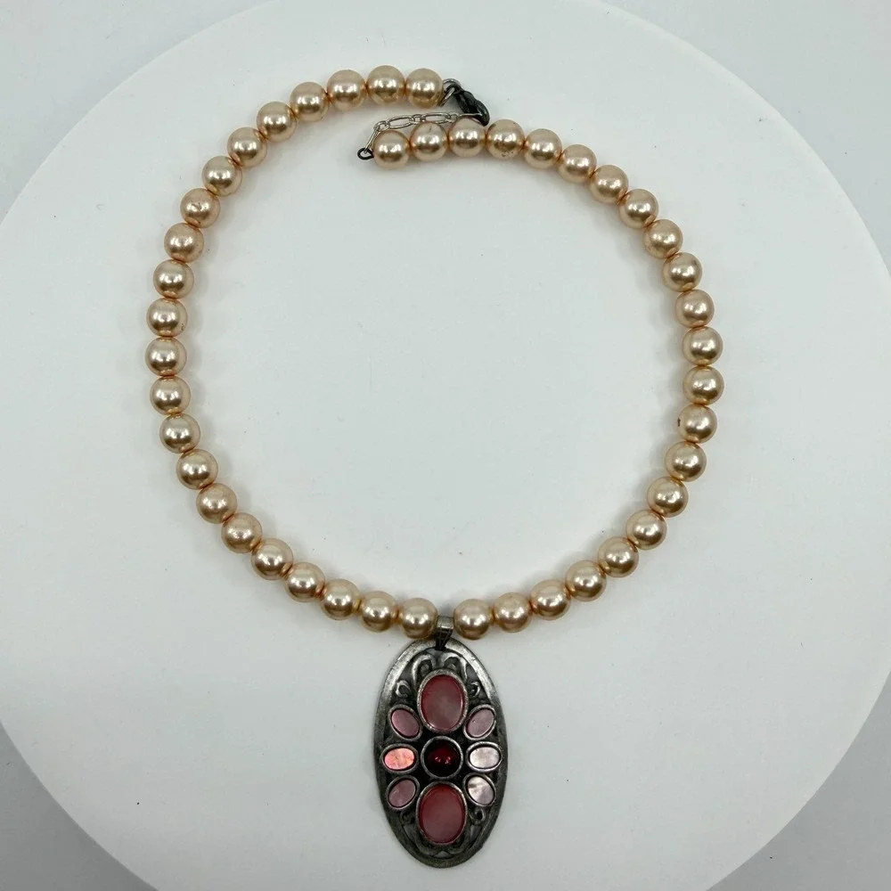Blush Faux Pearl Pink Cabochon Pendant Necklace Silver Tone Coquette Statement
